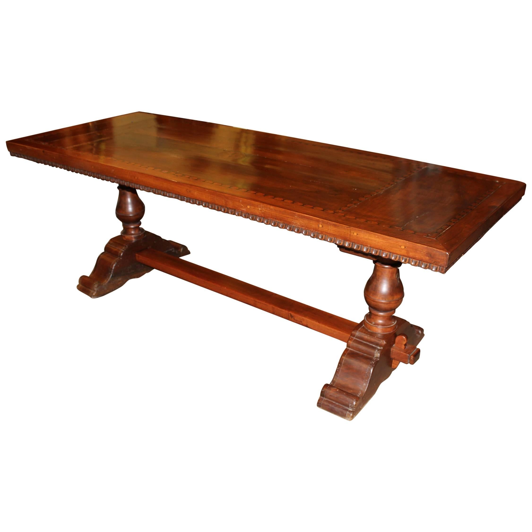 19th Century Continental Walnut Refectory or Trestle Table with Geometric Inlay