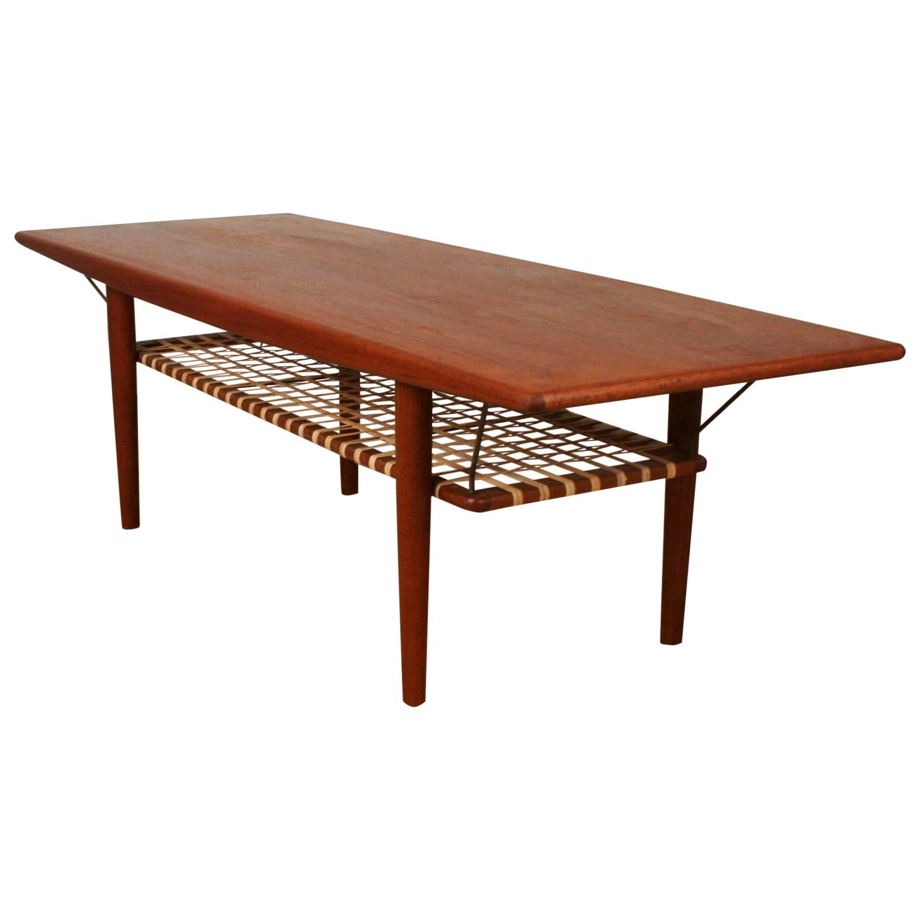 Vintage Danish Teak Coffee Table with Cane Shelf
