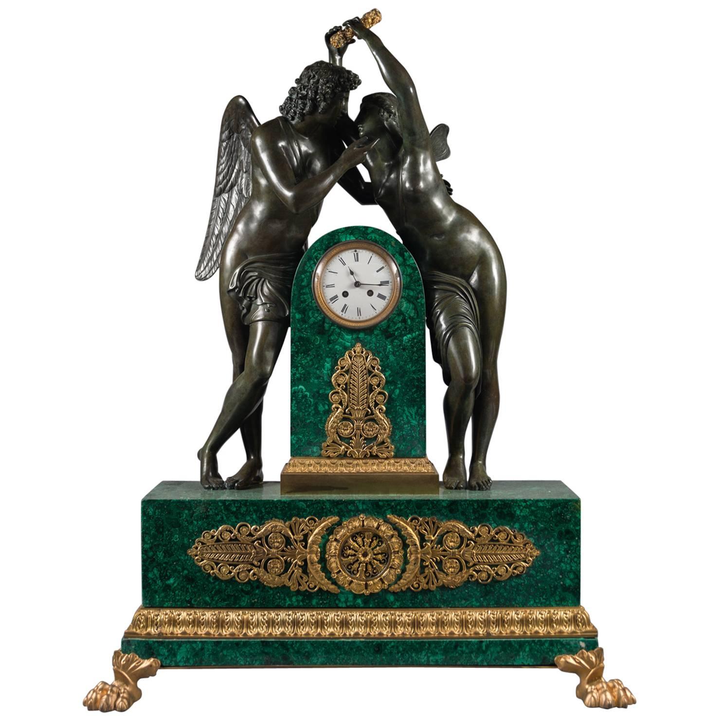 Monumental French Gilt and Patinated Bronze Malachite Clock
