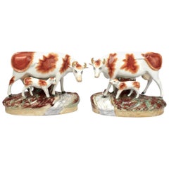 Matched Pair of 19th Century Century Staffordshire Pottery Cow & Calf Figurines