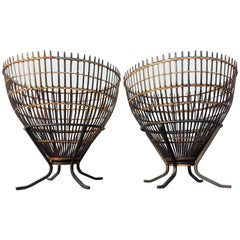 Pair of Franco Albini Organic Modern Rattan and Iron Side Tables