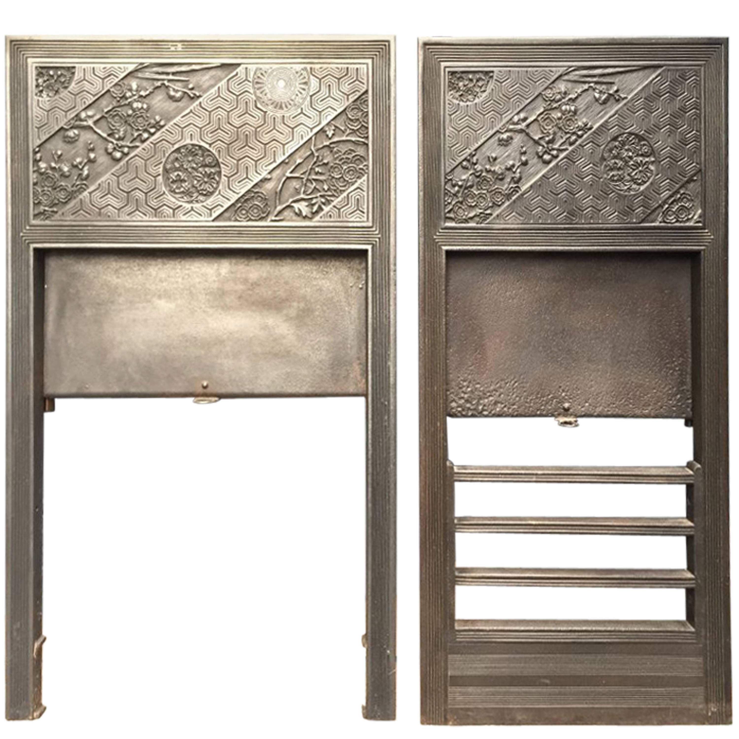 Pair of Anglo-Japanese Cast Iron Fire Inserts by T Jeckyll