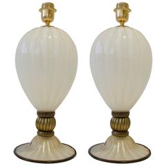 Pair of Italian Handblown Ivory and Gold Murano Glass Lamps, Signed 8