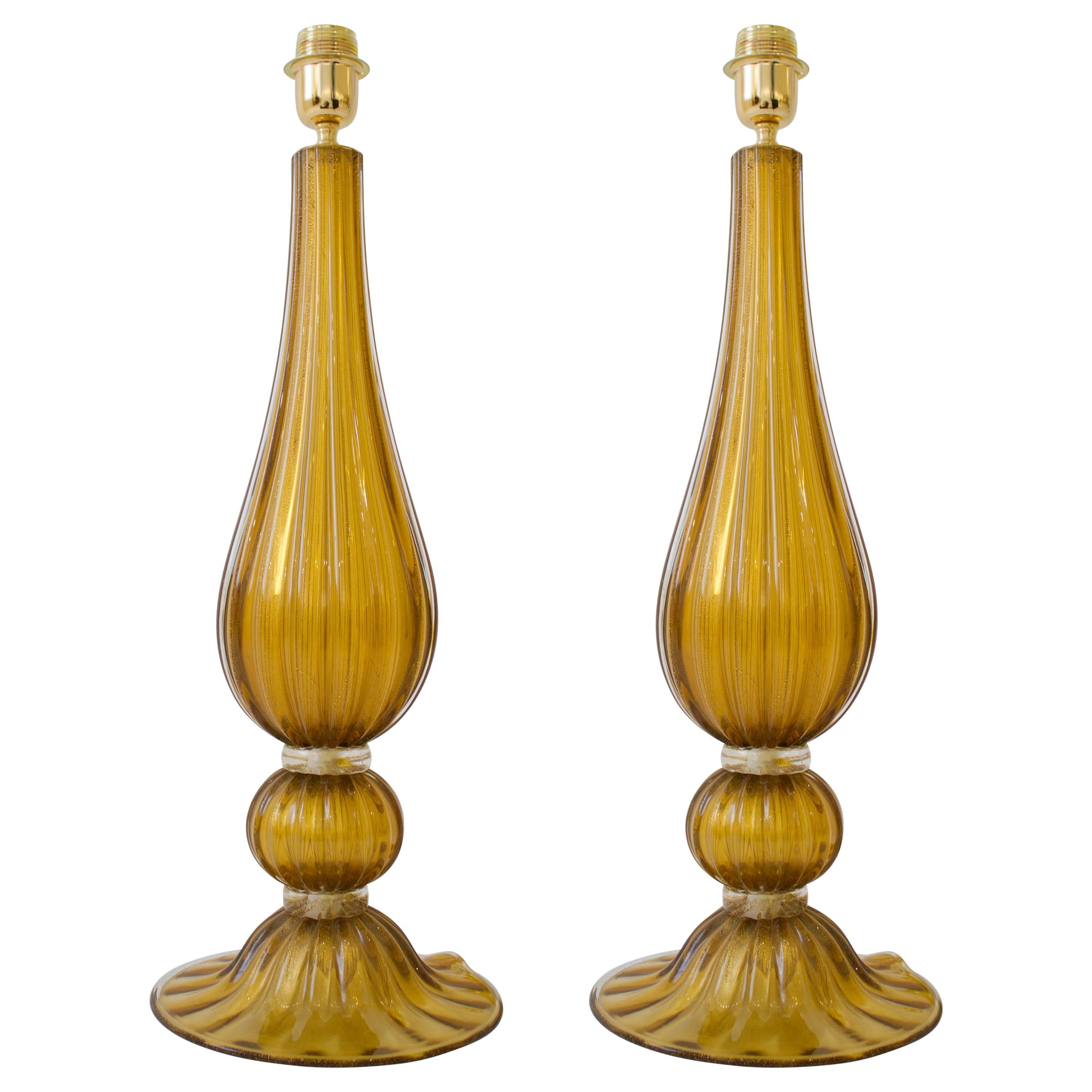 Large Pair of Handblown Italian Bronze and Gold Murano Glass Lamps