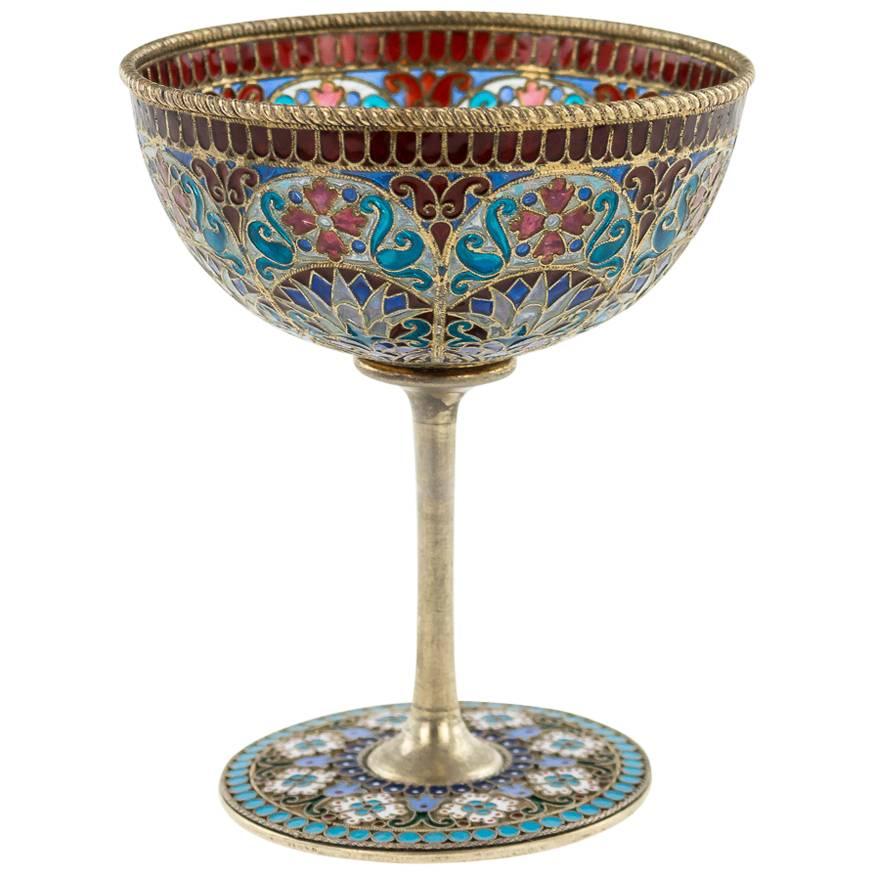 Antique Russian Ovchinnikov Solid Silver & Plique-a-jour Enamel Cup, circa 1890