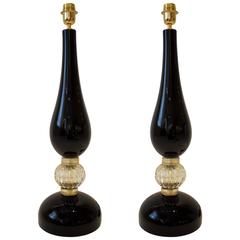 Large Pair of Onyx and Gold Murano Glass Lamps, Signed 7