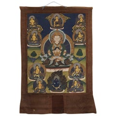 Ancien thangka chinois/tibétain avec Bouddha et dieux, XIXe siècle