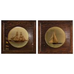 Pair of Antique Framed Crystoleums with Sailing Ships, circa 1900