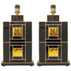 One of a Kind Signed Pair of Black and Gold Glass with Brass Inlays Lamps 12