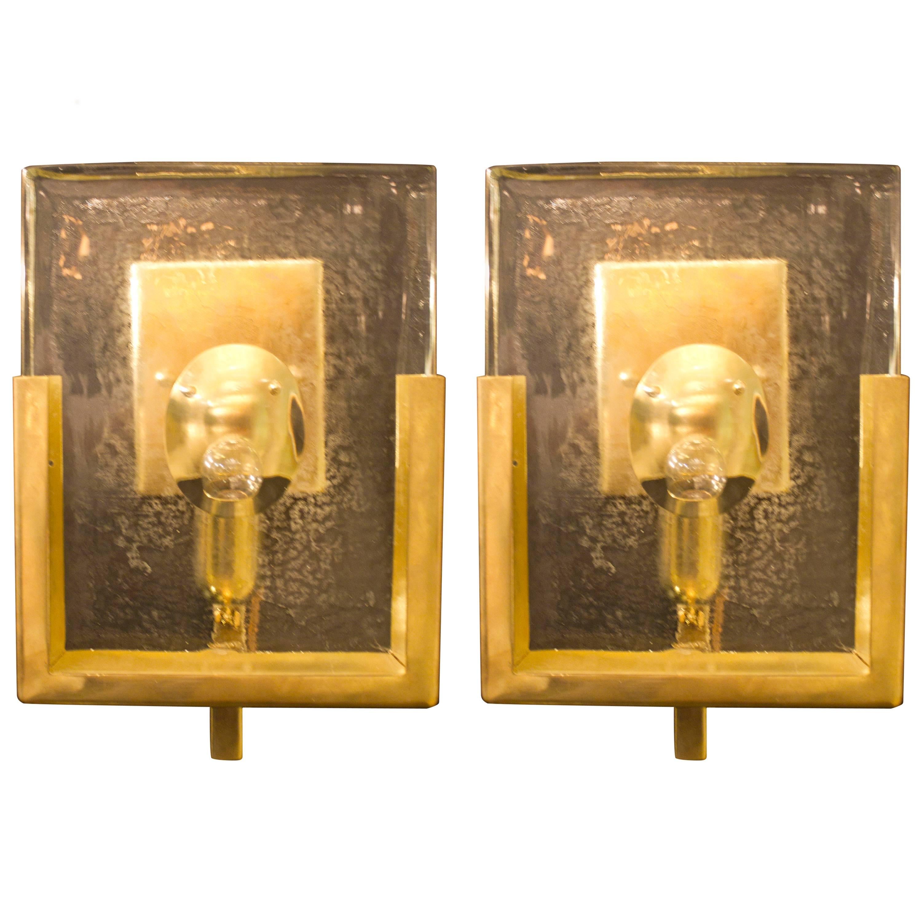 Pair of Italian Solid Murano Glass Block and Brass Sconces