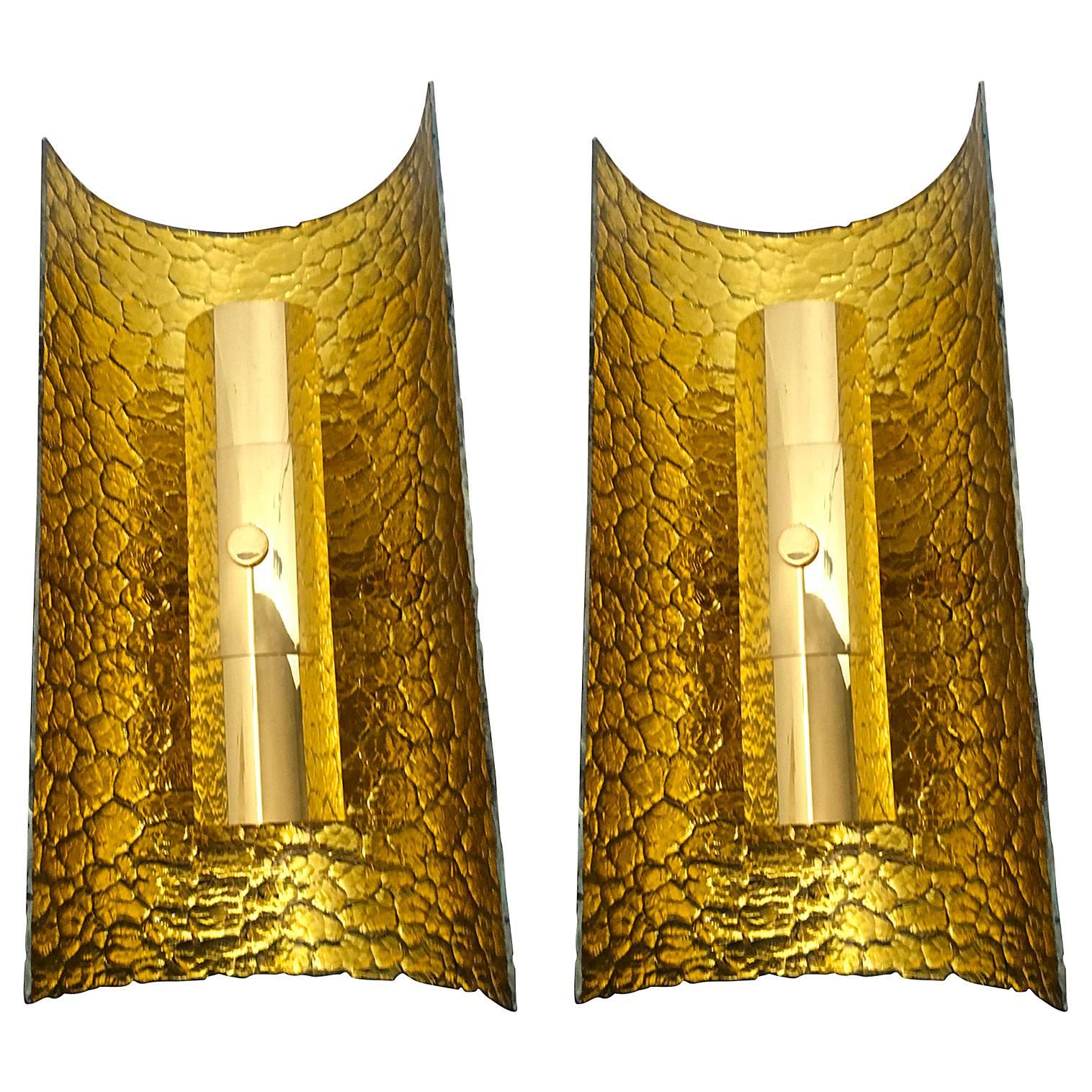 Andre Hayat Pair of Curved Gold Leaf Glass Sconces For Sale