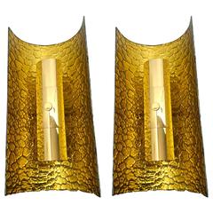 Andre Hayat Pair of Curved Gold Leaf Glass Sconces