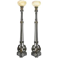 Antique Pair of Alabaster and Bronze Floor Lamps