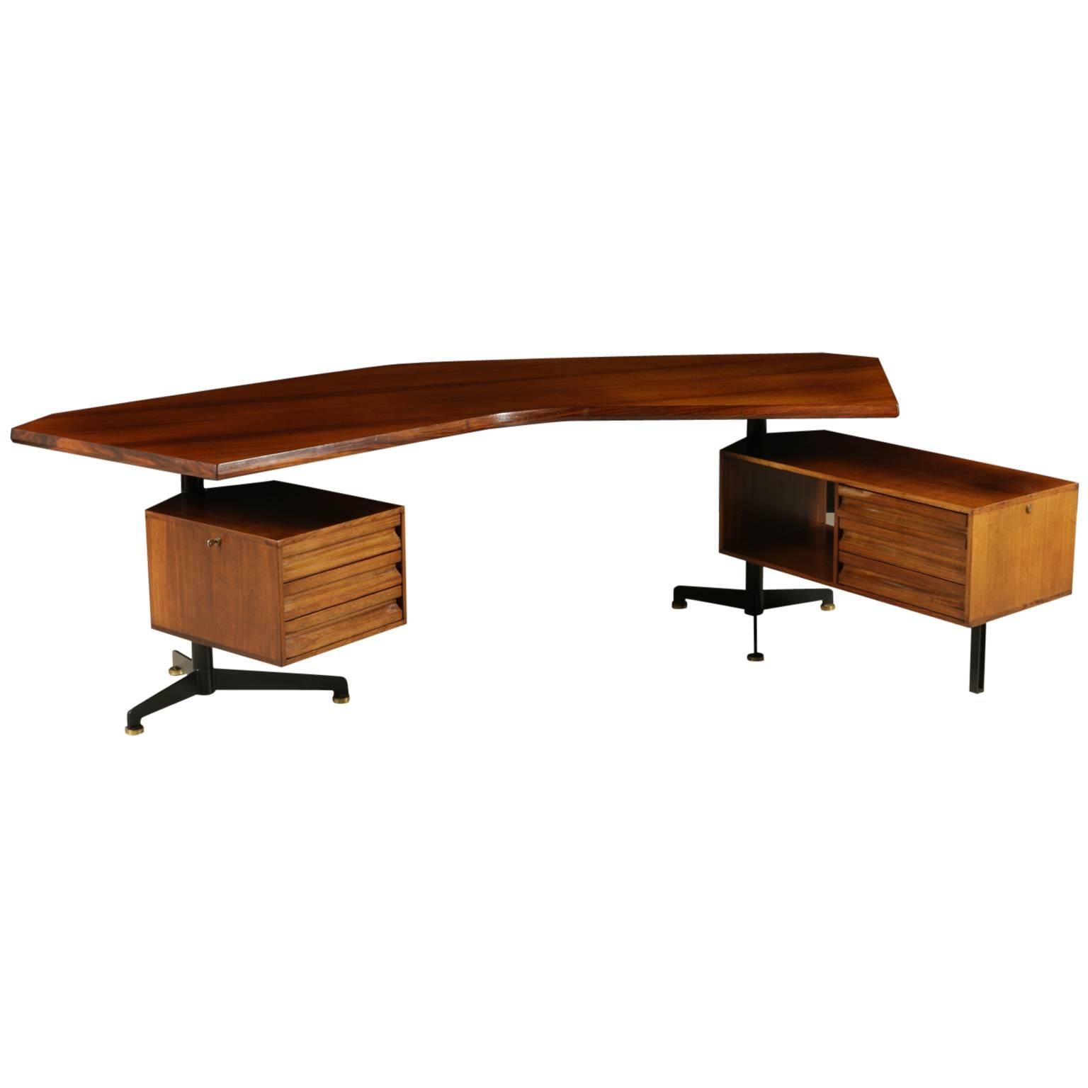 Desk with Swiveling Chest of Drawers by Borsani Rosewood Veneer Lacquered Metal