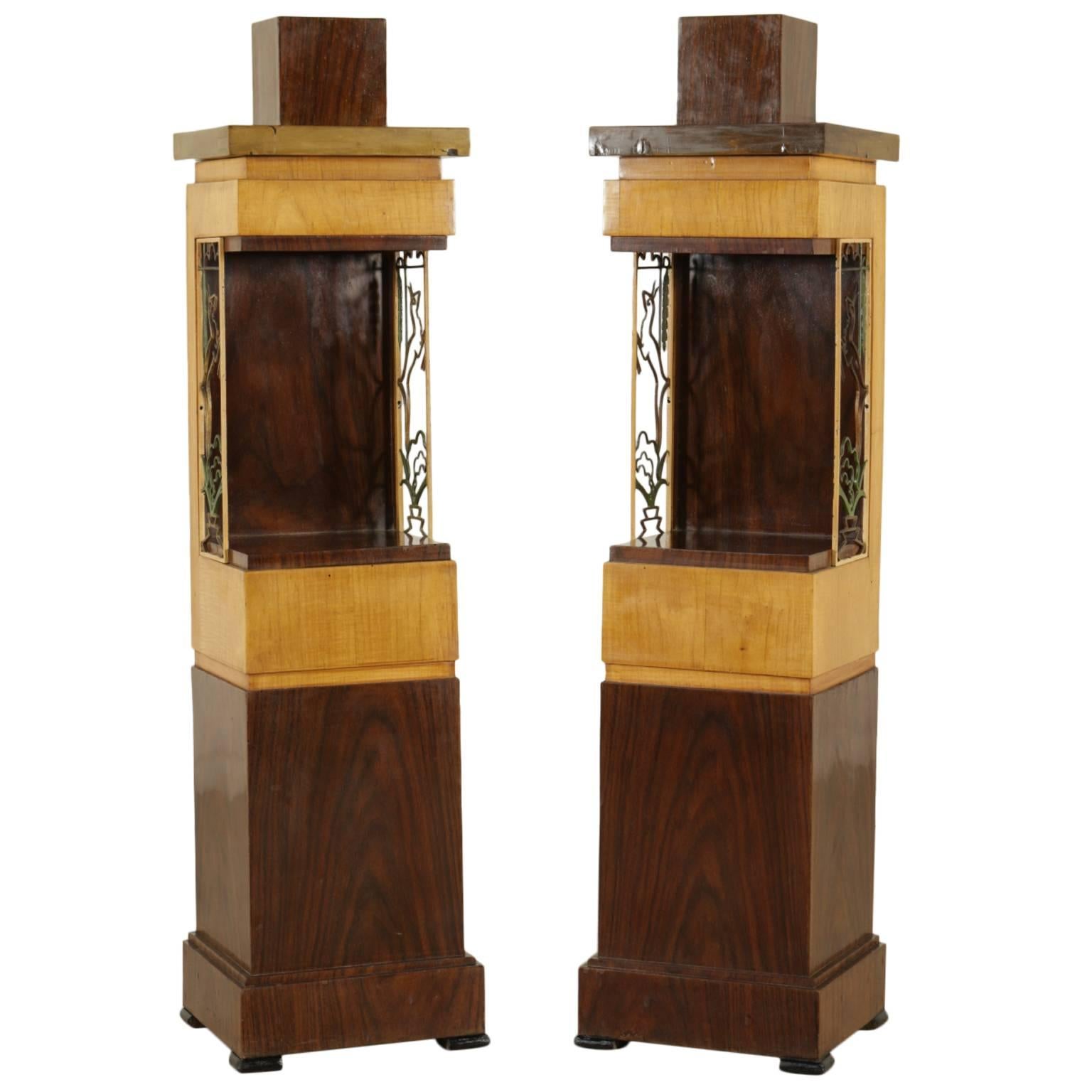 Pair of Display Columns Rosewood and Maple Veneer Iron Vintage, Italy, 1930s