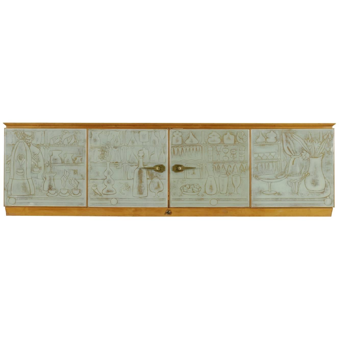 Built-In Maple Glass Brass Bar Cabinet by Osvaldo Borsani, Italy, 1951