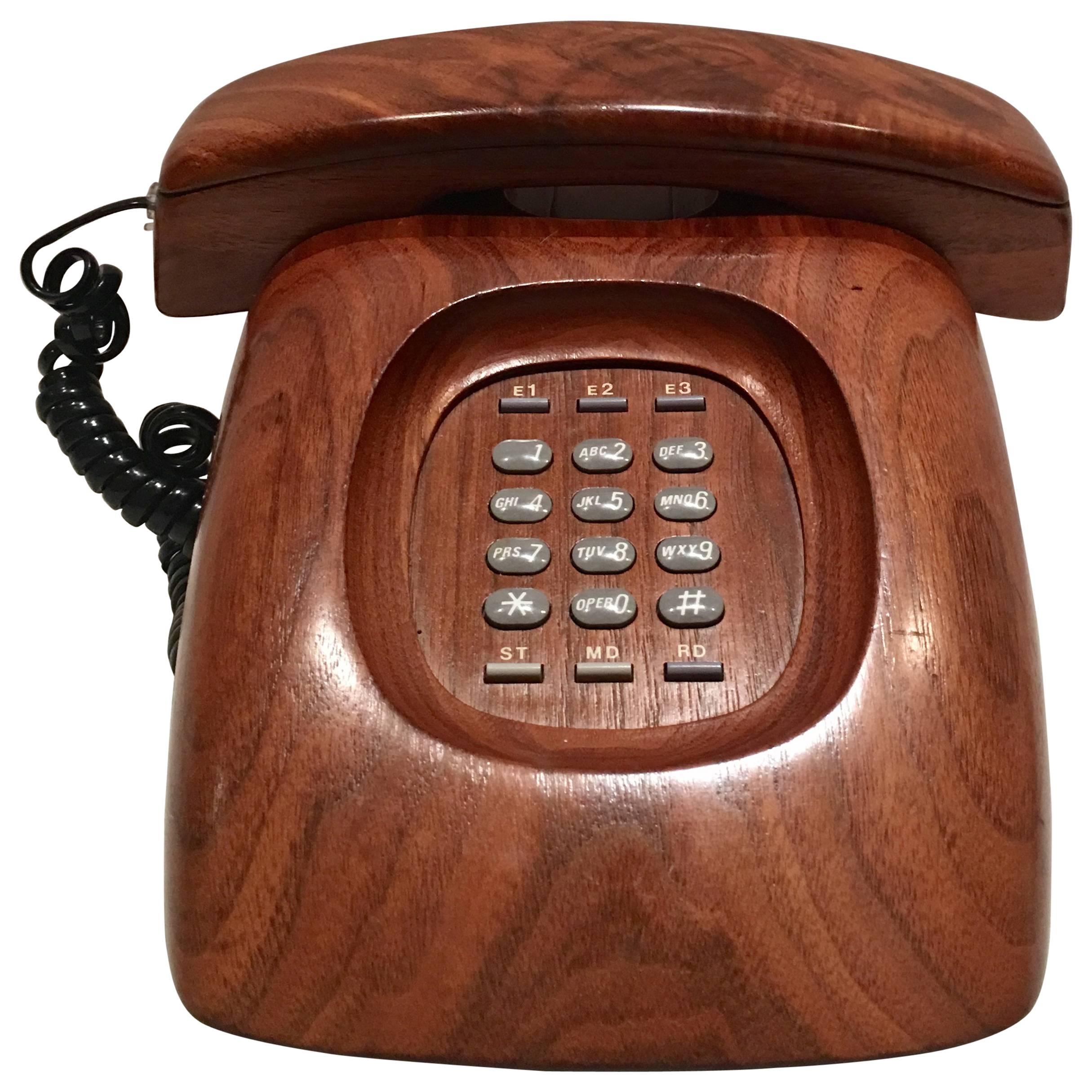 Mid-Century Modern Wood Push Button Telephone