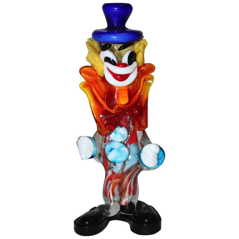  Mid-Century Modern Vintage Red Blue Yellow Murano Glass Clown, Italy, 1950s For Sale