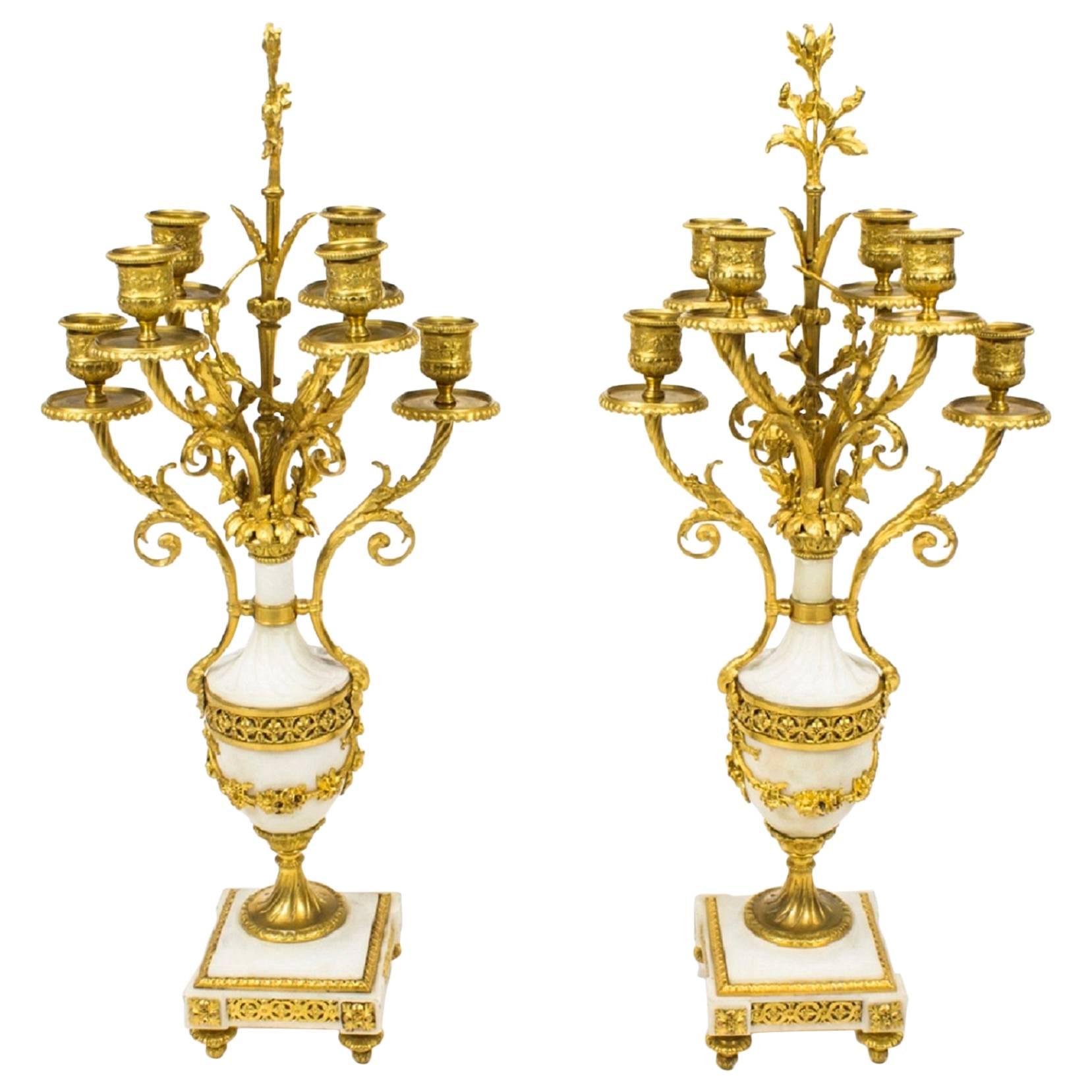 Antique Pair Louis XV Revival Ormolu and Marble Candelabra