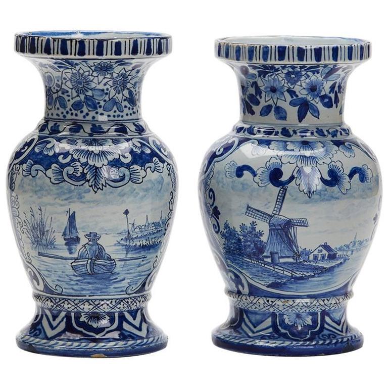 Pair Antique Dutch Delft Blue and White Landscape Vases, 19th Century