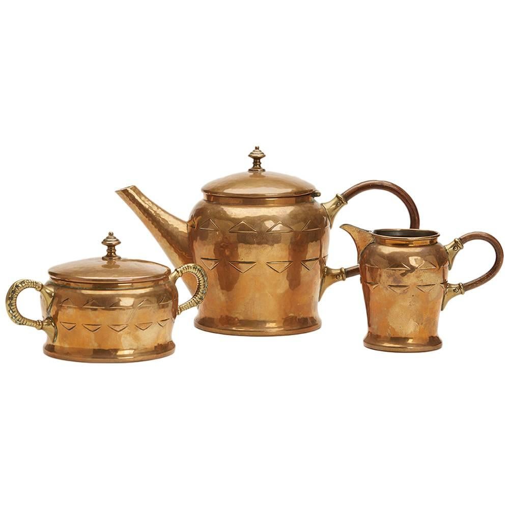 Dreiteiliges Tee-Set aus Messing im Stil der Jugendstil der WMF, um 1900