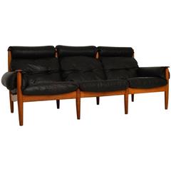 Danish Retro Leather and Oak Sofa Vintage 1960s