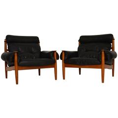 Pair of Danish Leather and Oak Armchairs Vintage, 1960s
