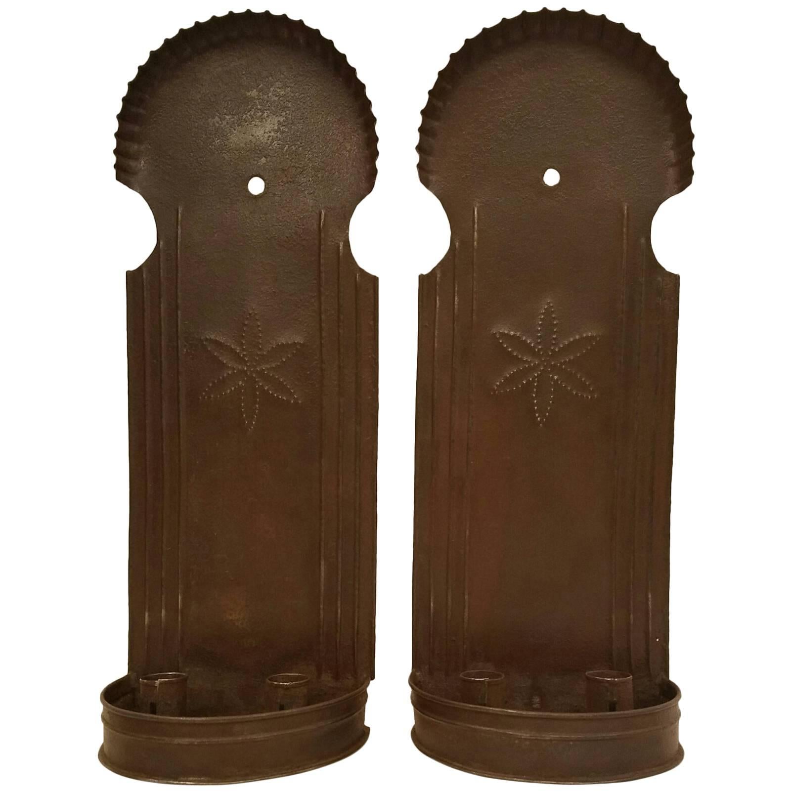 Pair of Tole Hanging Double Candleholders For Sale