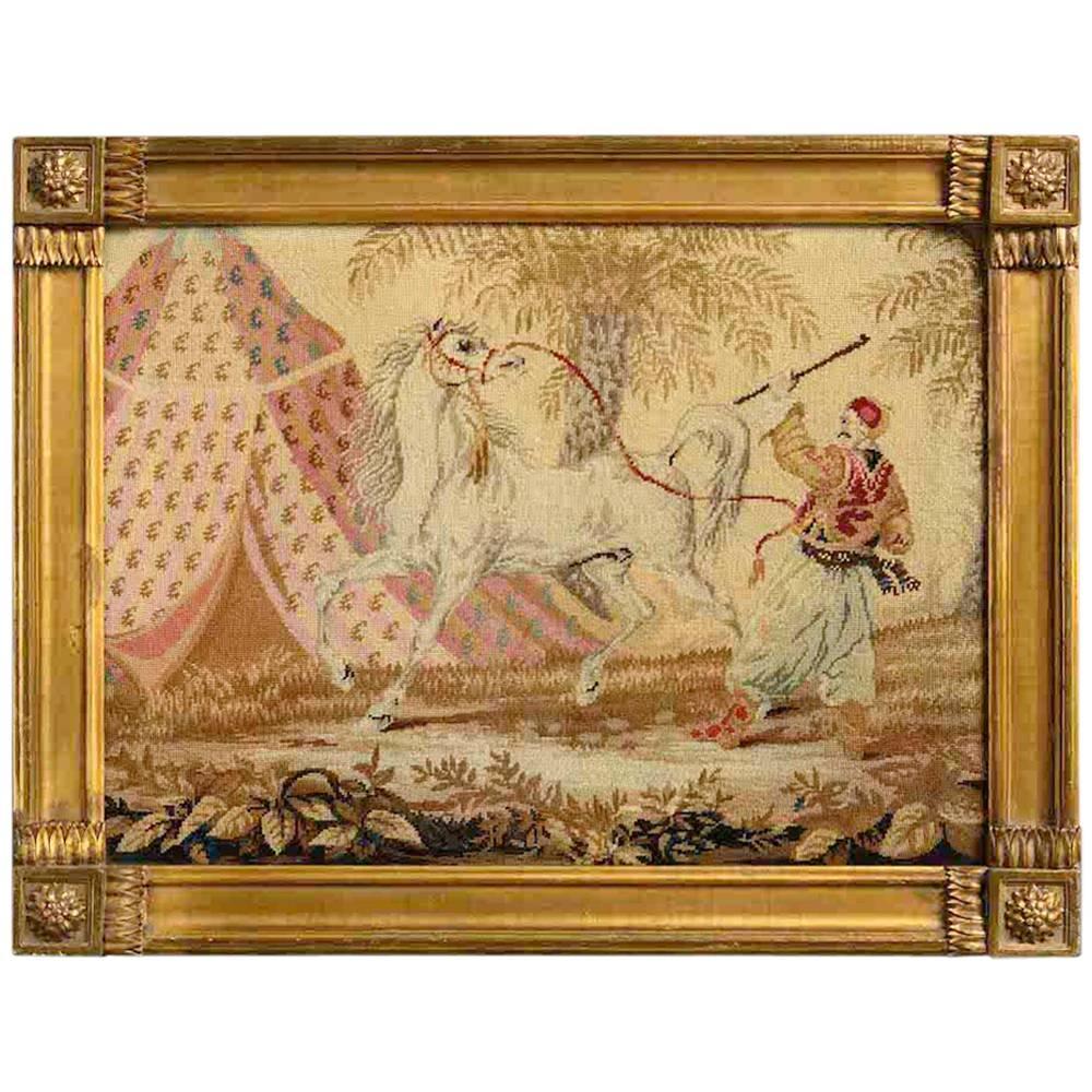 Early Victorian Needlework Picture of an Arab stallion