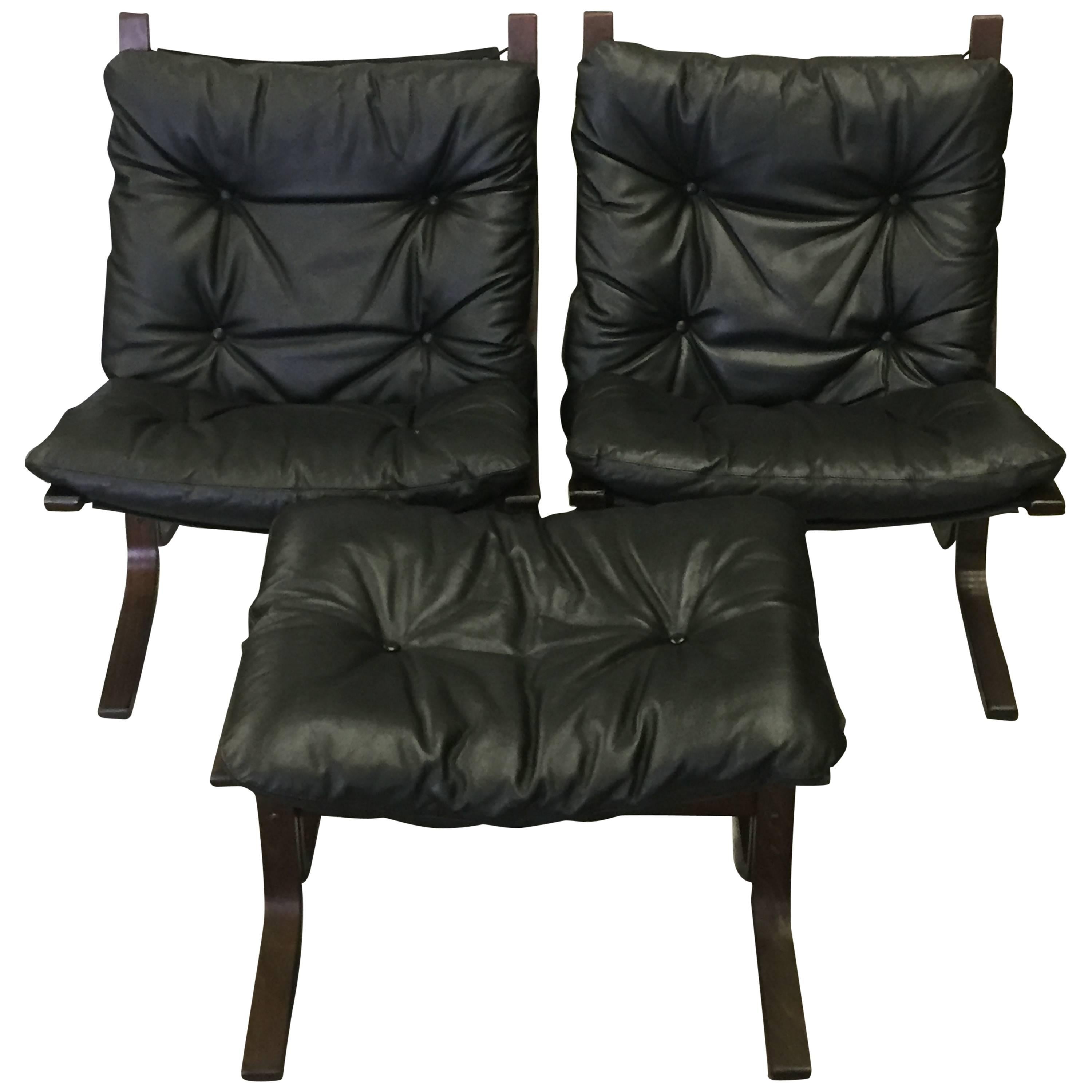 Stylish Norgewian Westnofa Black Leather Club Chairs and Ottoman