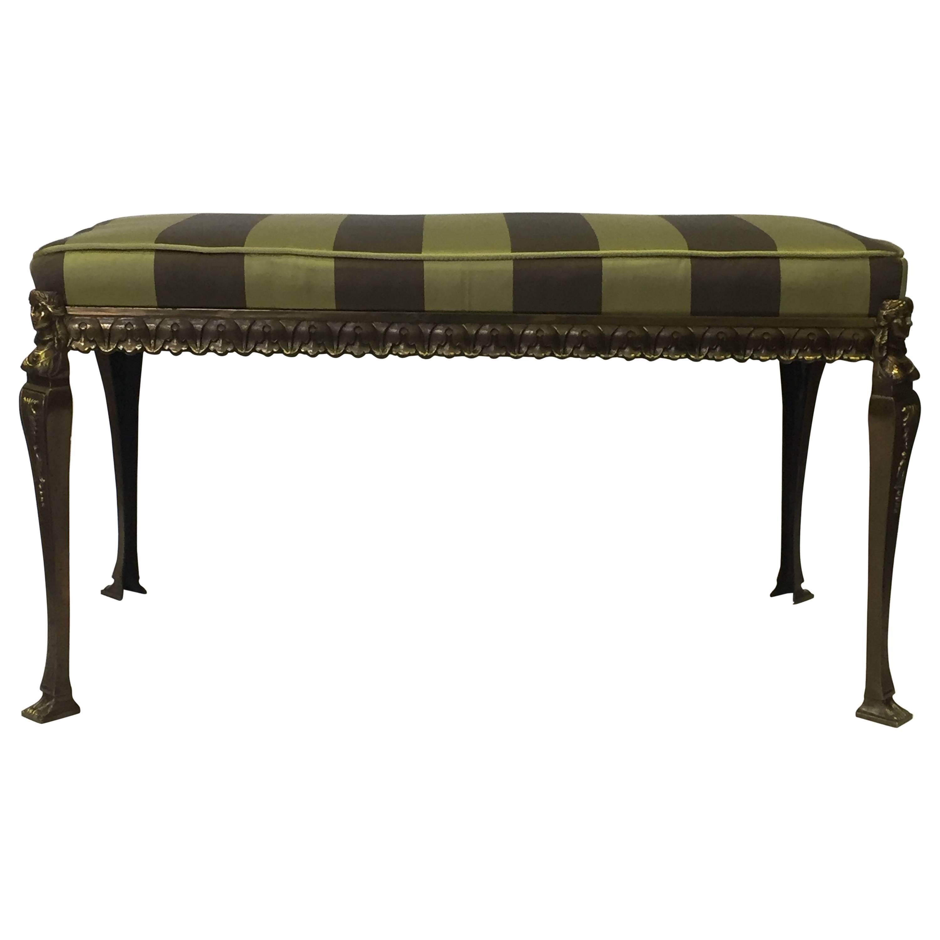 Stunning Neoclassical Style Bronze Bench with Striped Silk Cushion