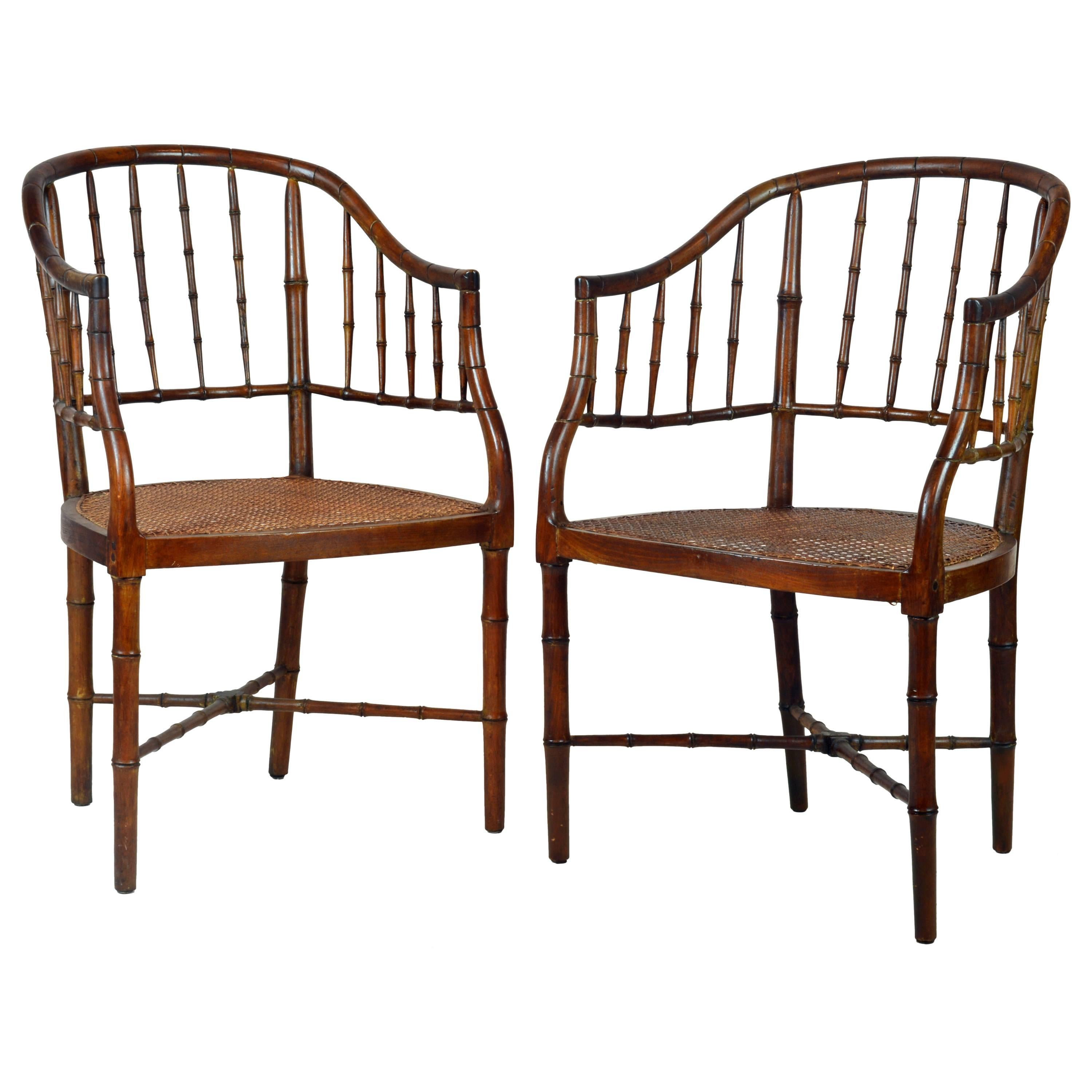 Pair of 19th Century English Regency Faux Bamboo Chinoiserie Inspired Armchairs