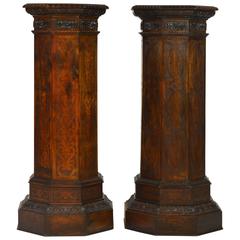 Pair of Edwardian Country Manor Style Carved and Etched Octagonal Pedestals