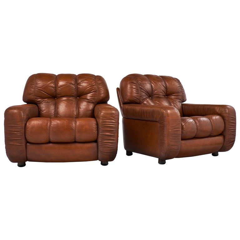 French Vintage Overstuffed Leather Club, Overstuffed Leather Chairs