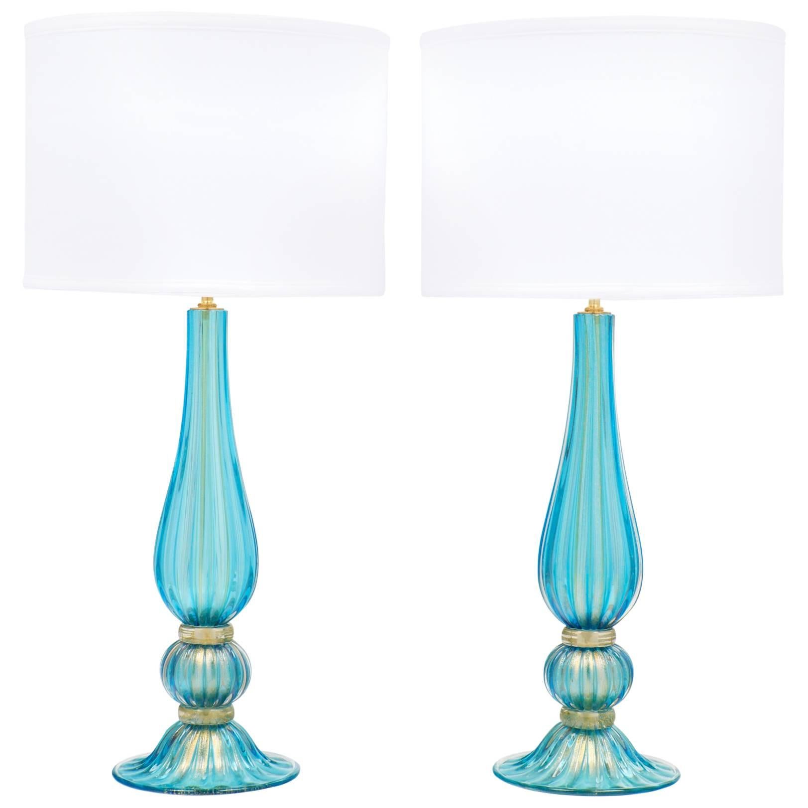 Pair of Gold-Flecked Turquoise Murano Glass Lamps