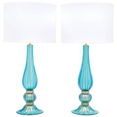Pair of Gold-Flecked Turquoise Murano Glass Lamps