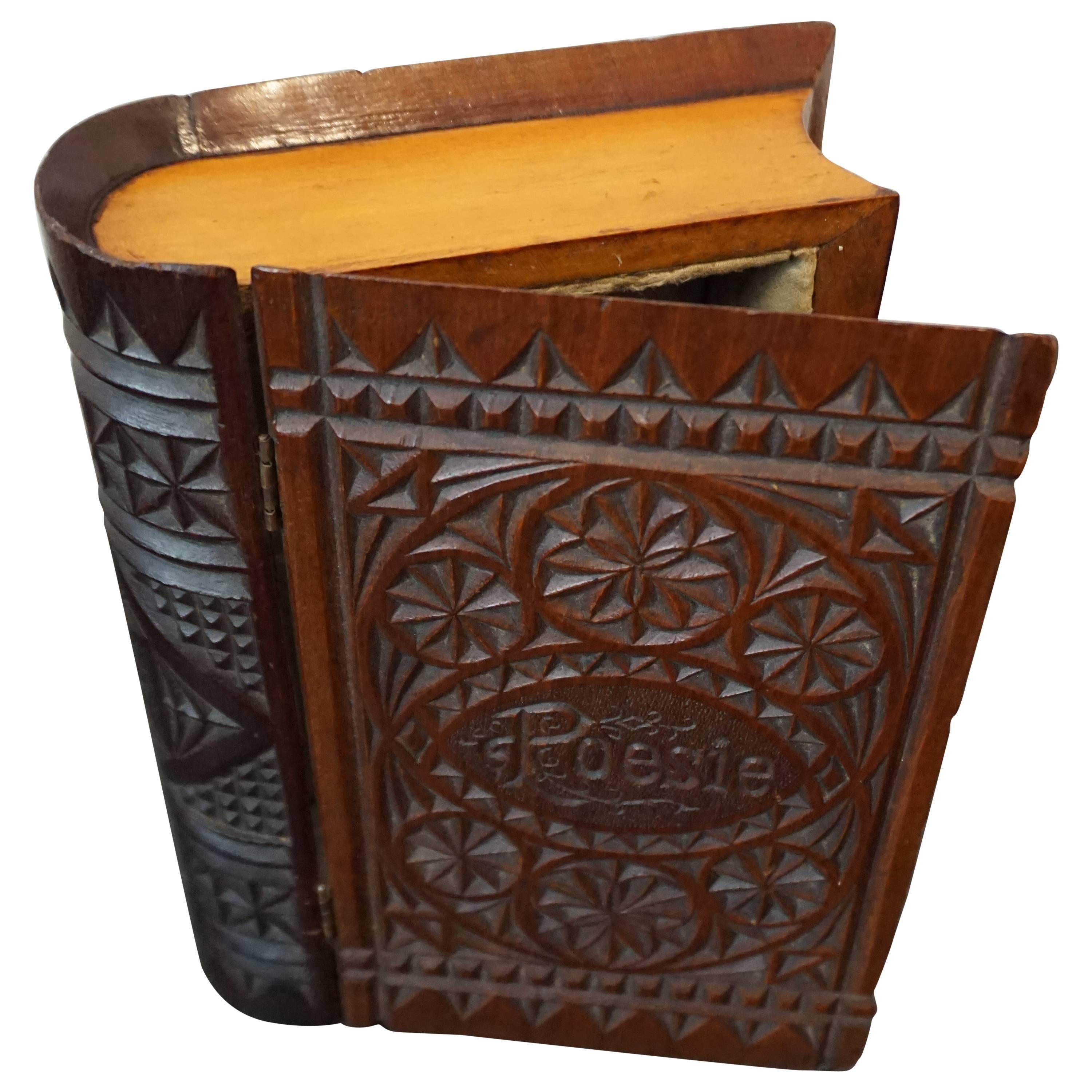 Rare mid 19th Century Carved Mahogany German Kerbschnitt Book Shaped Jewelry Box