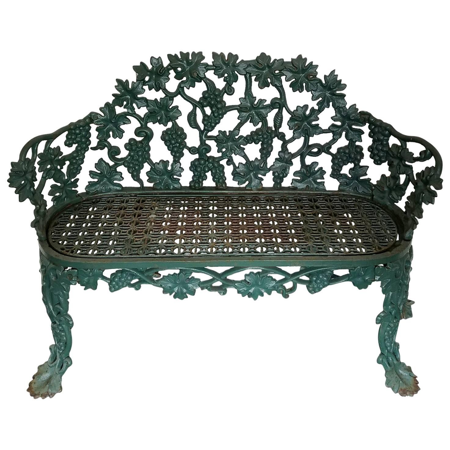Antique Cast Iron Green Painted Garden Bench For Sale