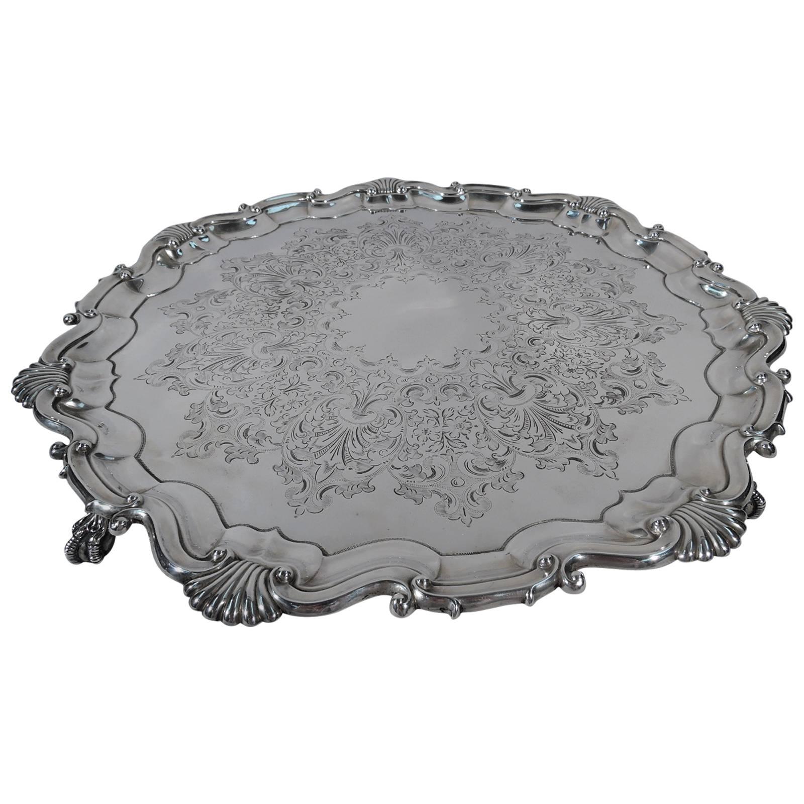 English Edwardian Georgian Large and Heavy Sterling Silver Salver Tray