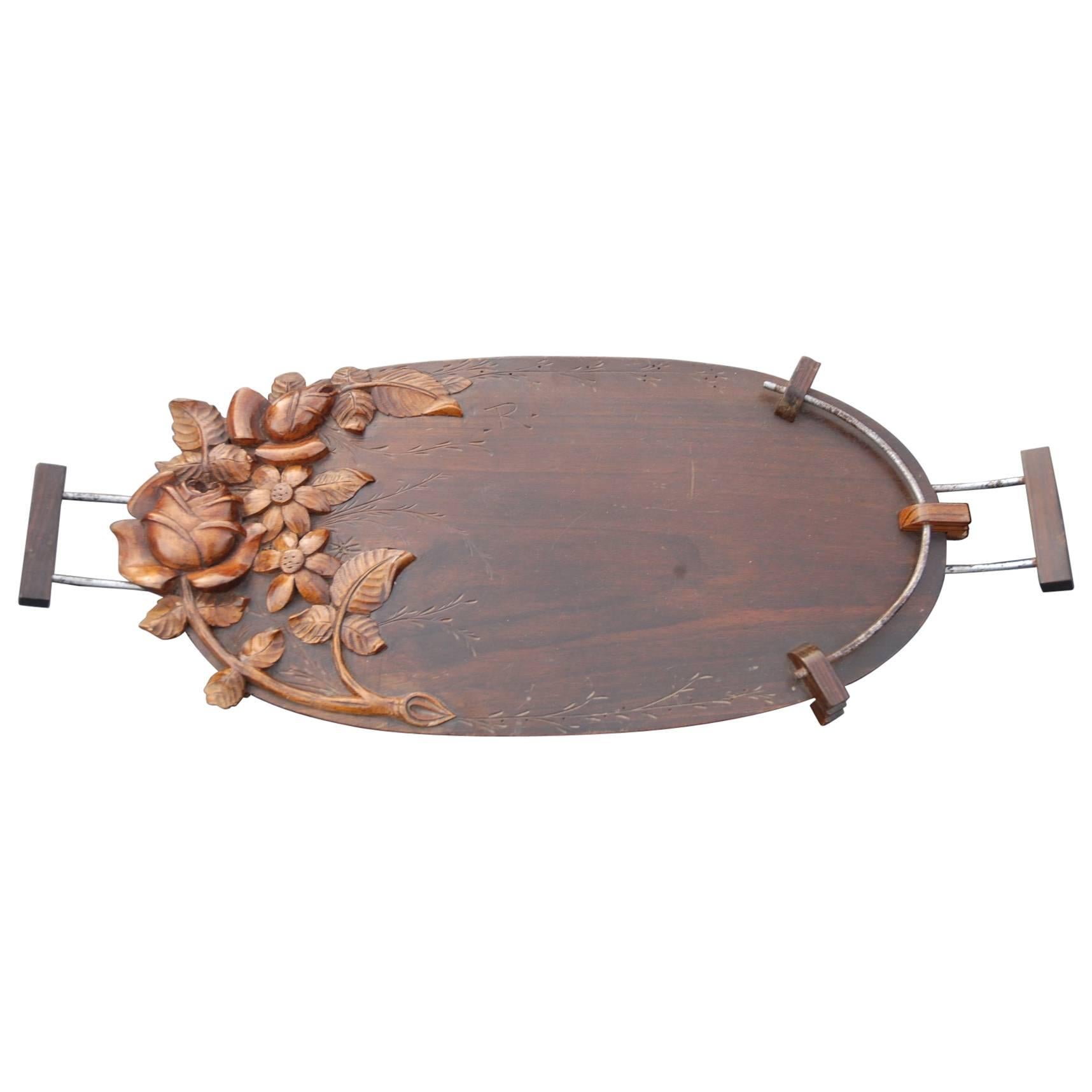 Unique Art Deco Carved Wood Display or Serving Tray with Floral Design