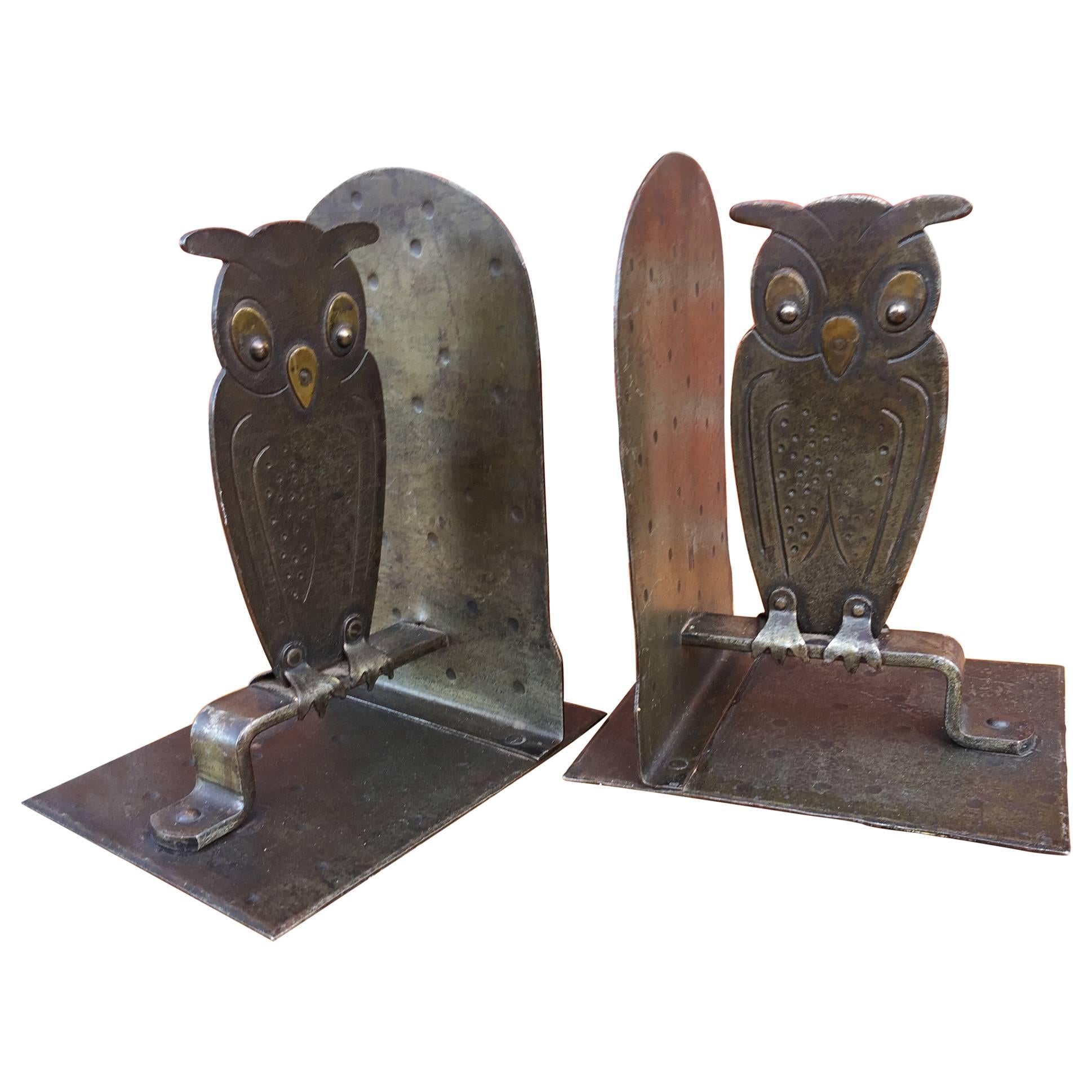 Vintage Pair of Hammered Metal Owl Bookends by Goberg, Hugo Berger, Germany