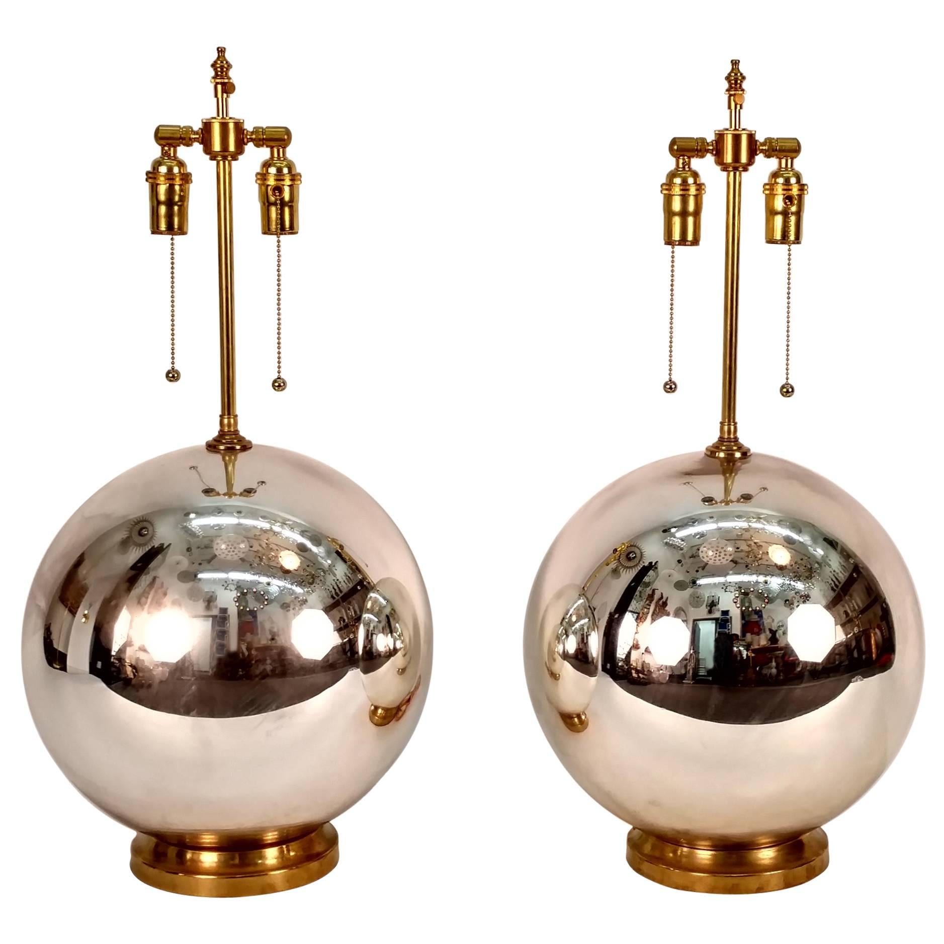 Large Pair of Mercury Glass Ball Lamps