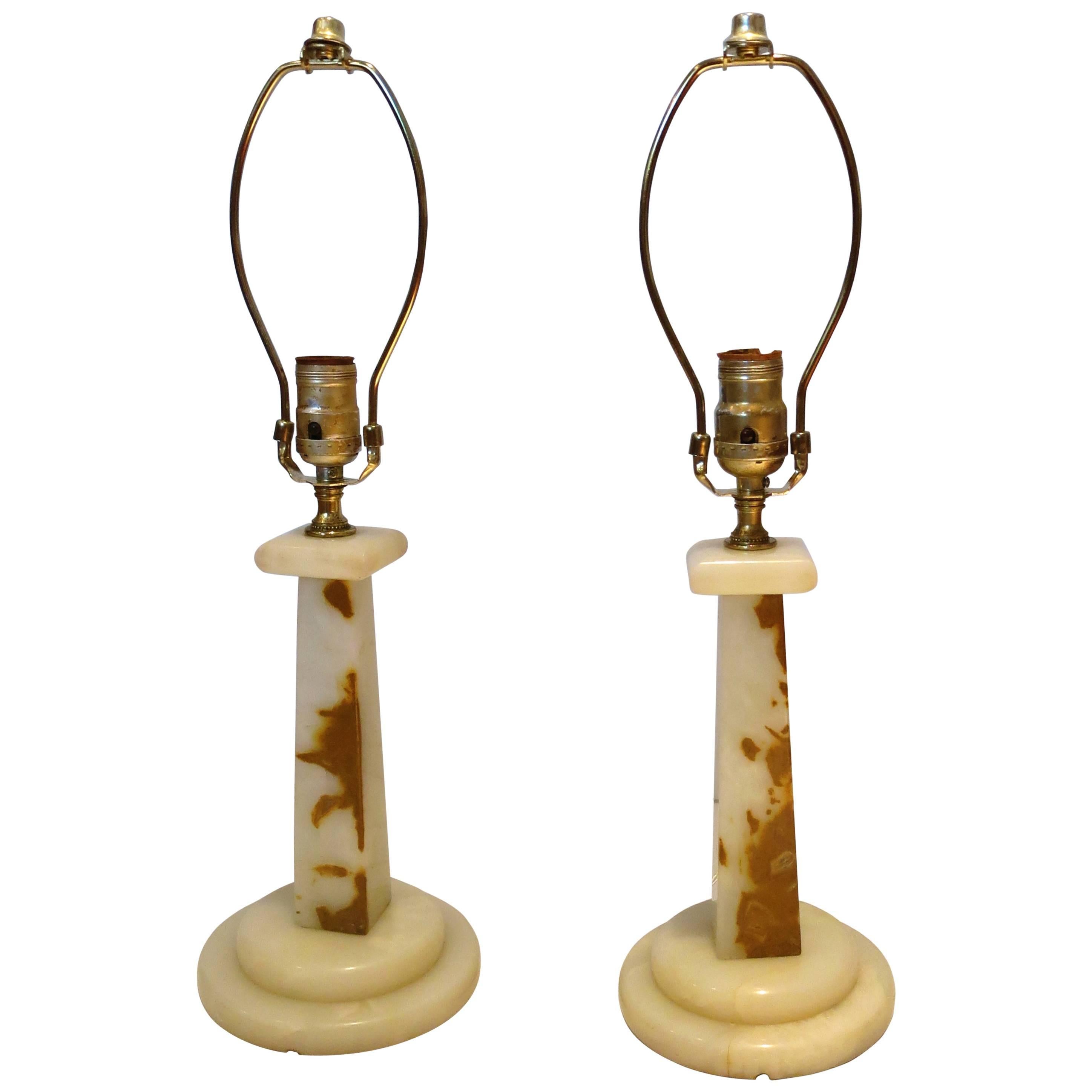 Art Deco Pair of Onyx Column Table Lamps