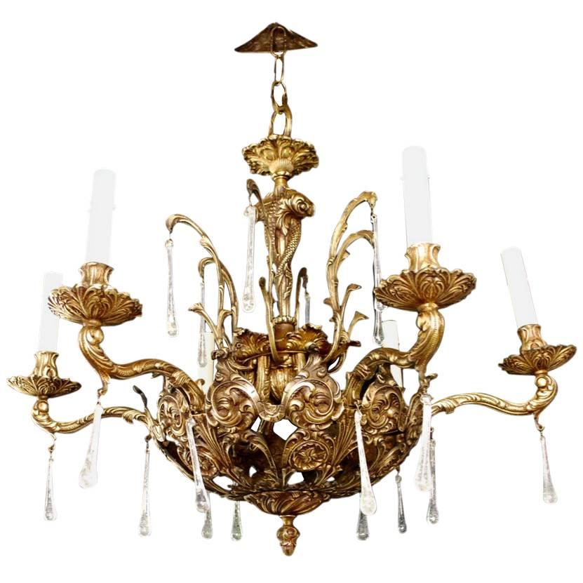 Beautiful 1940s Solid Bronze Chandelier with Fishes in the Center For Sale