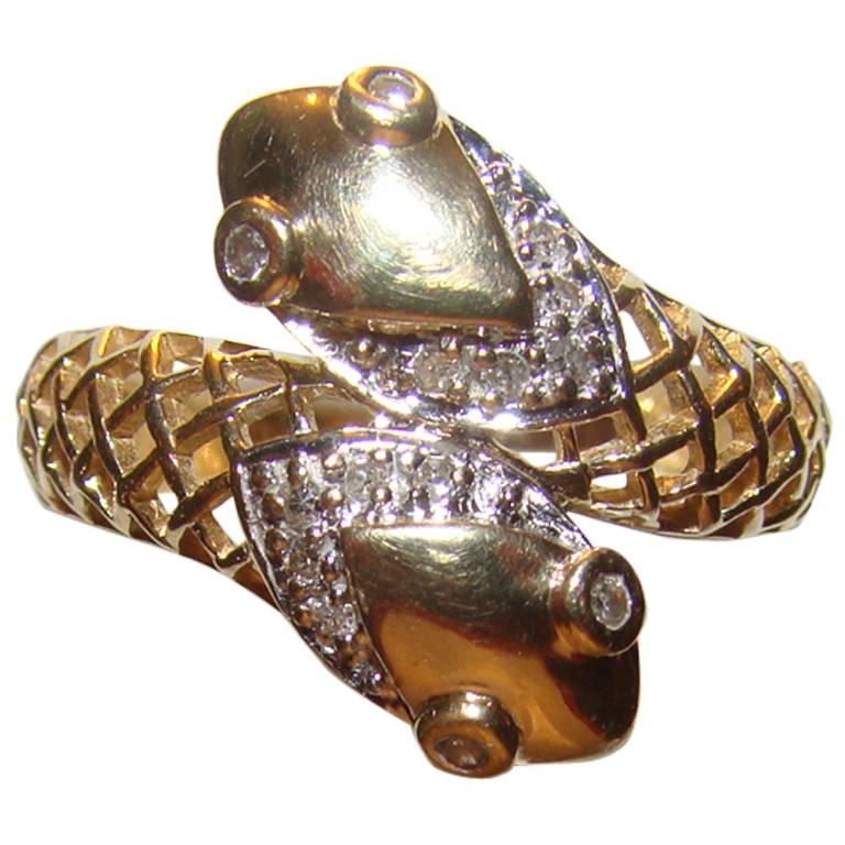 Antique Gold Double Head Snake Ring with Diamond Eyes
