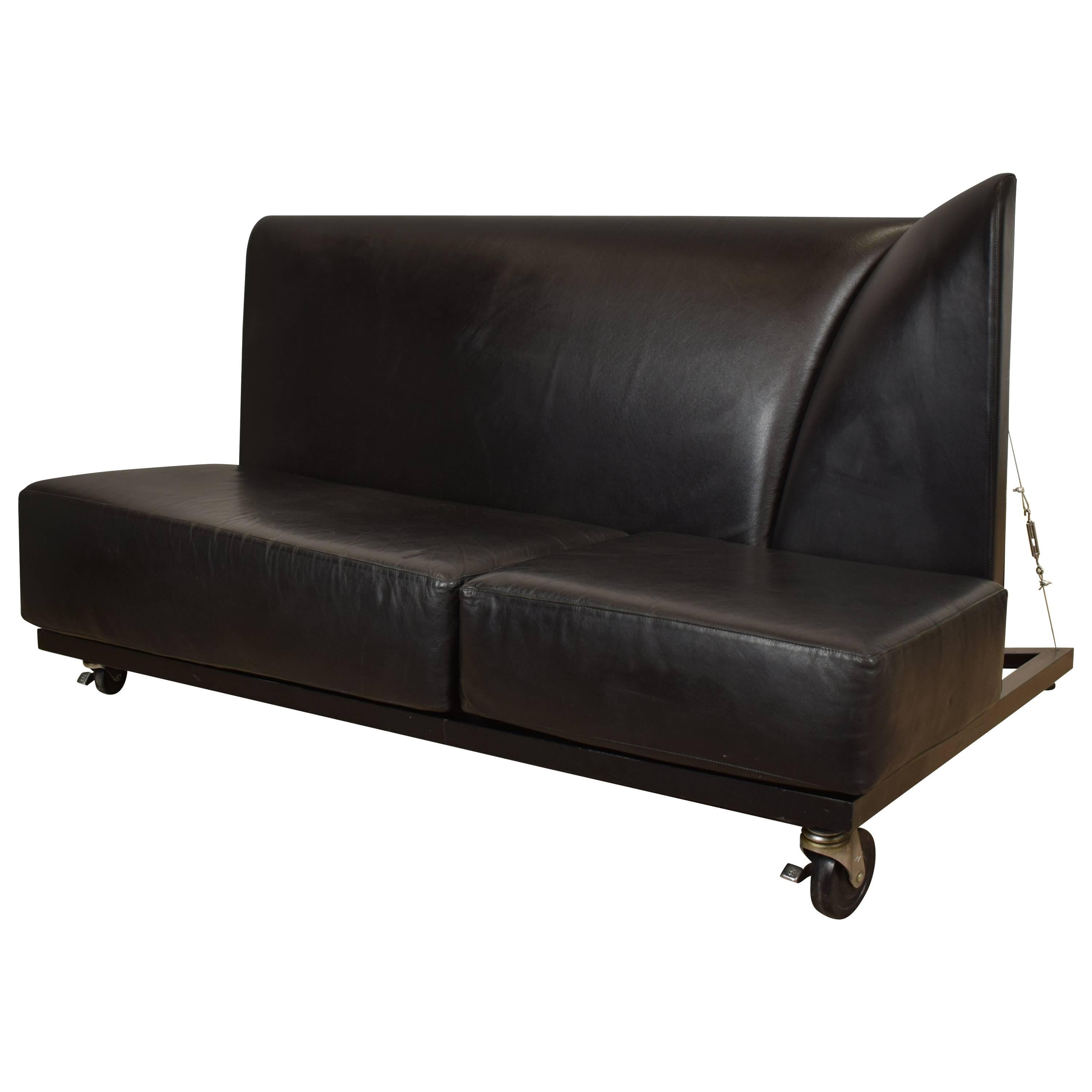 Mid-Century Memphis Black Leather Sofa by Pallucco and Rivier for Pallucco, 1988