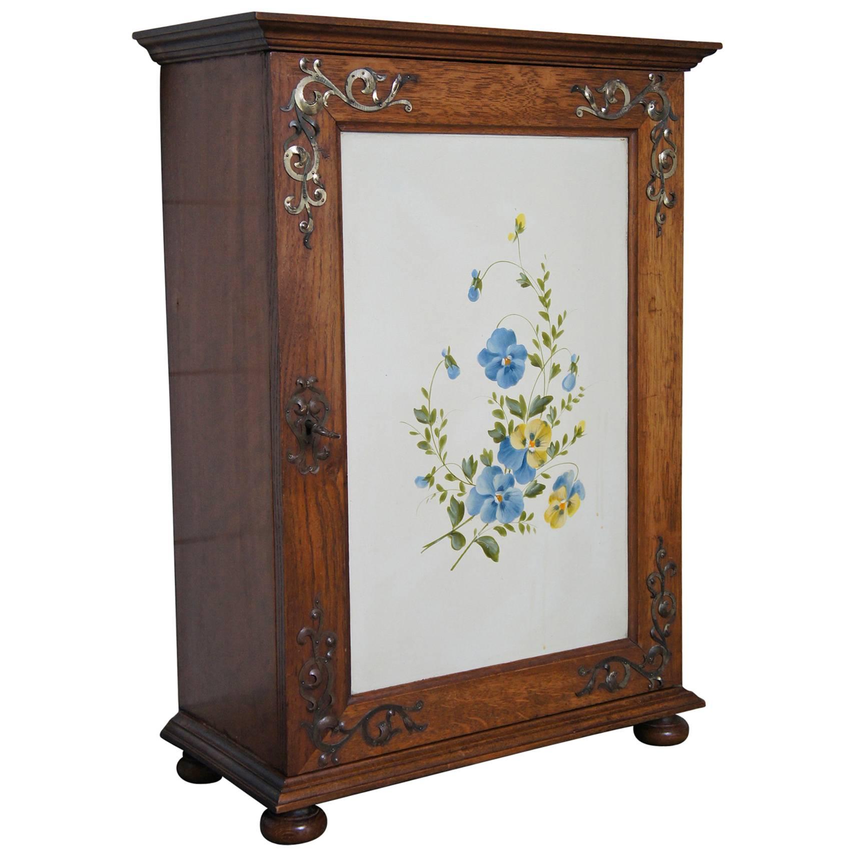 Late 19th Century Miniature Jugendstil Cabinet with Hand-Painted Flowers on Zinc