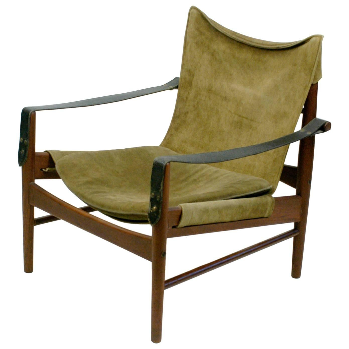 Teak and Suede Safari Chair by Hans Olsen
