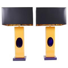 Pair of Ceramic Lamps Orange and Blue