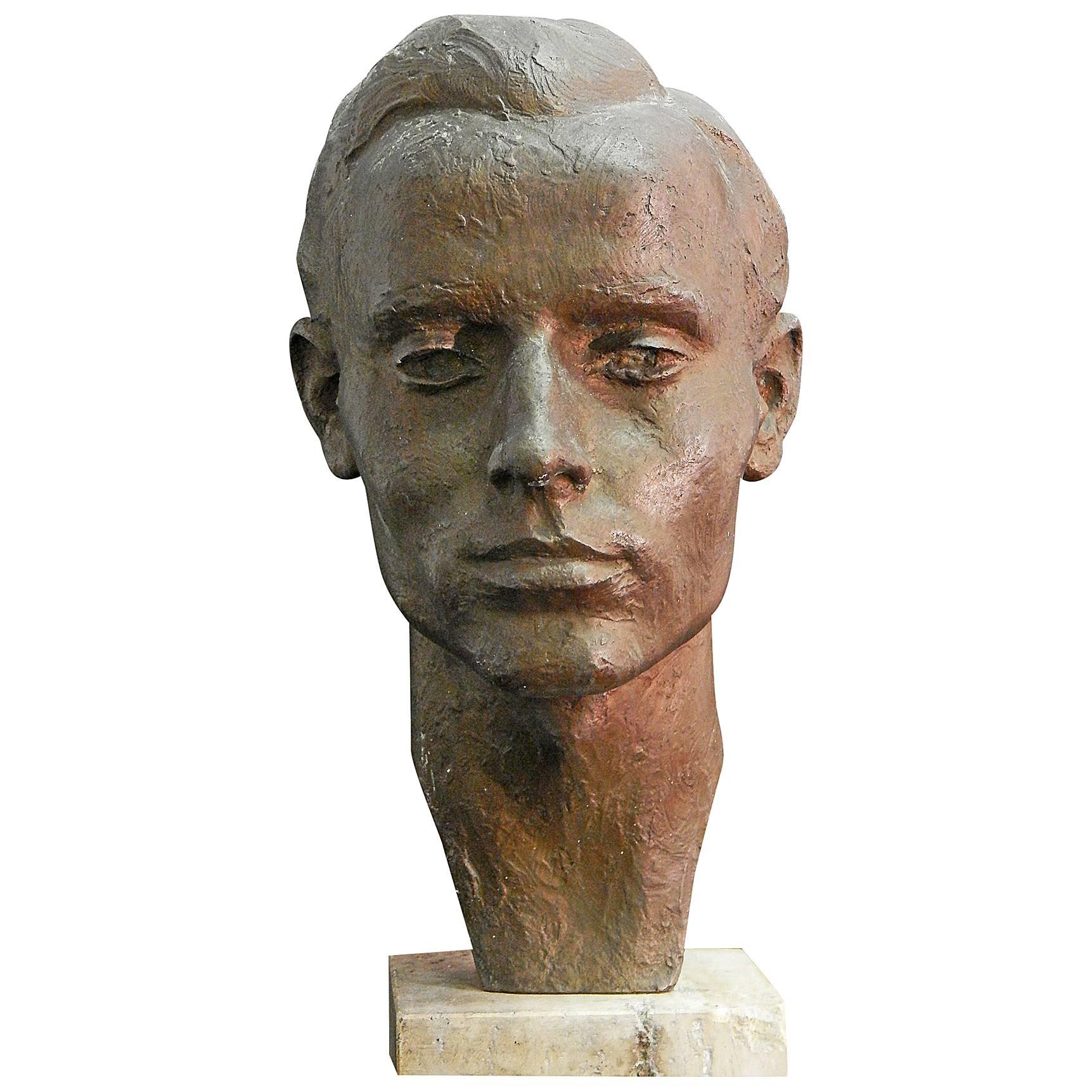 « Head of Young Man », saisissante sculpture unique en bronze de Bischoff, 1947